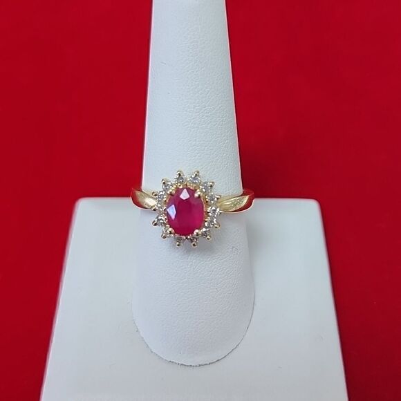 EFFY 14K Yellow Gold Natural Ruby And Diamond Halo Cocktail Ring - Picture 1 of 3